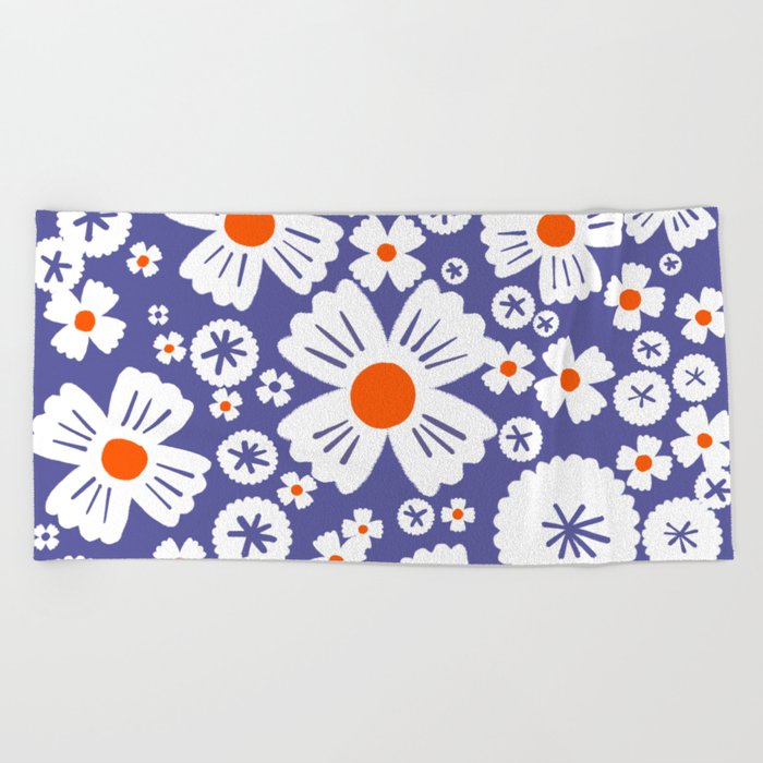 Modern Periwinkle and Orange Daisy Flowers Beach Towel