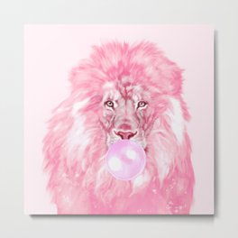 Lion Chewing Bubble Gum in Pink Metal Print