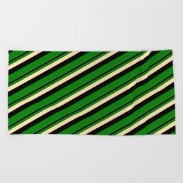 [ Thumbnail: Tan, Black & Green Colored Stripes/Lines Pattern Beach Towel ]