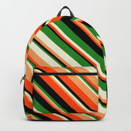 [ Thumbnail: Vibrant Forest Green, Beige, Brown, Red & Black Colored Lines Pattern Backpack ]