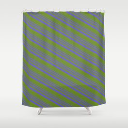 [ Thumbnail: Slate Blue & Green Colored Pattern of Stripes Shower Curtain ]