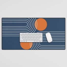 Mid Century Modern Geometric 83 in Navy Blue and Orange (Rainbow and Sun Abstraction) Desk Mat