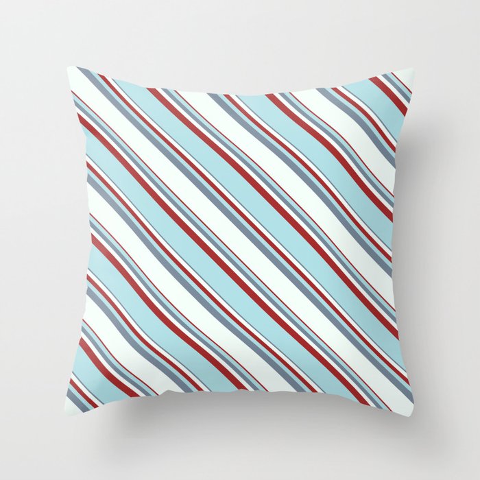 Light Slate Gray, Mint Cream, Brown & Powder Blue Colored Lined/Striped Pattern Throw Pillow