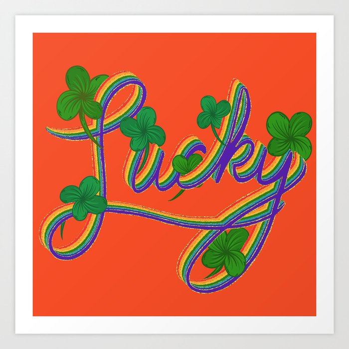 Lucky with clovers and gold glitter on Orange Art Print