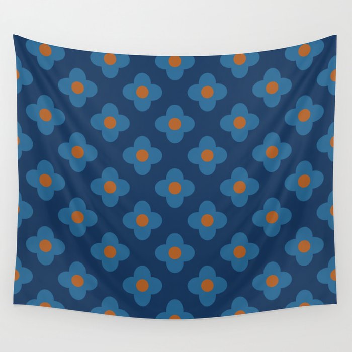 Scandinavian Floral Pattern Blue 60s Wandbehang