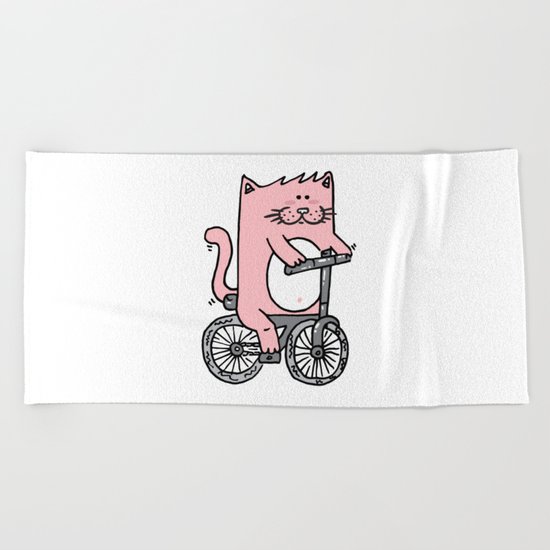 Cute pink cat riding the bike Beach Towel