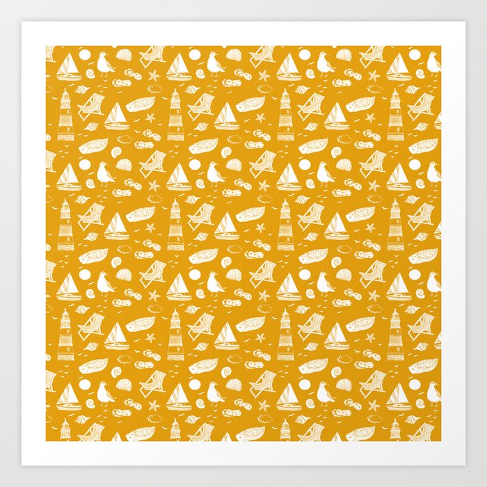 Mustard And White Summer Beach Elements Pattern Art Print