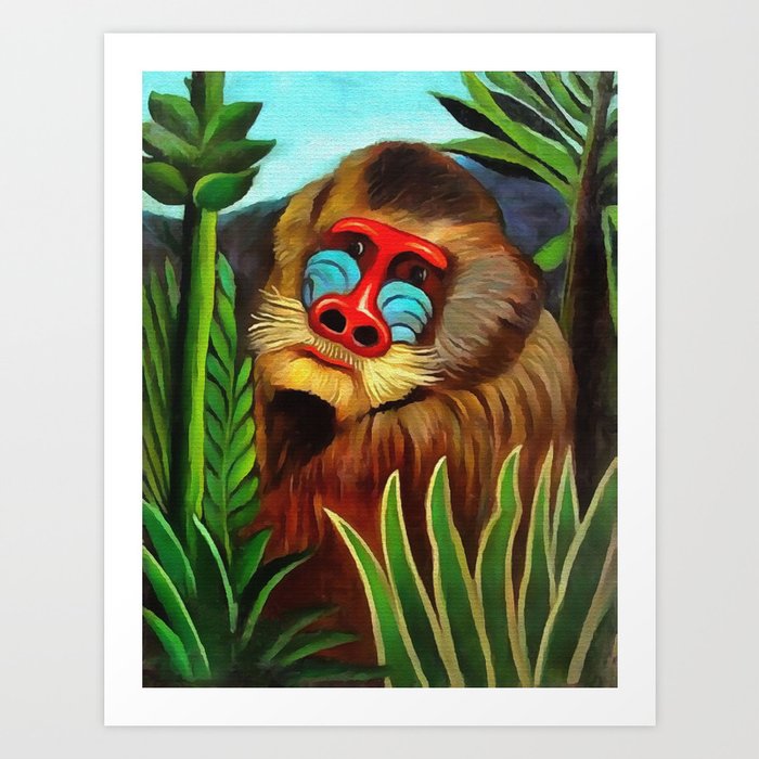 Henri Rousseau Mandrill In The Jungle Art Print | Painting, Vintage, Henri-rousseau, Mandrill, Jungle, Tropical-forest, Jungle, Animals, Flowers, Ape