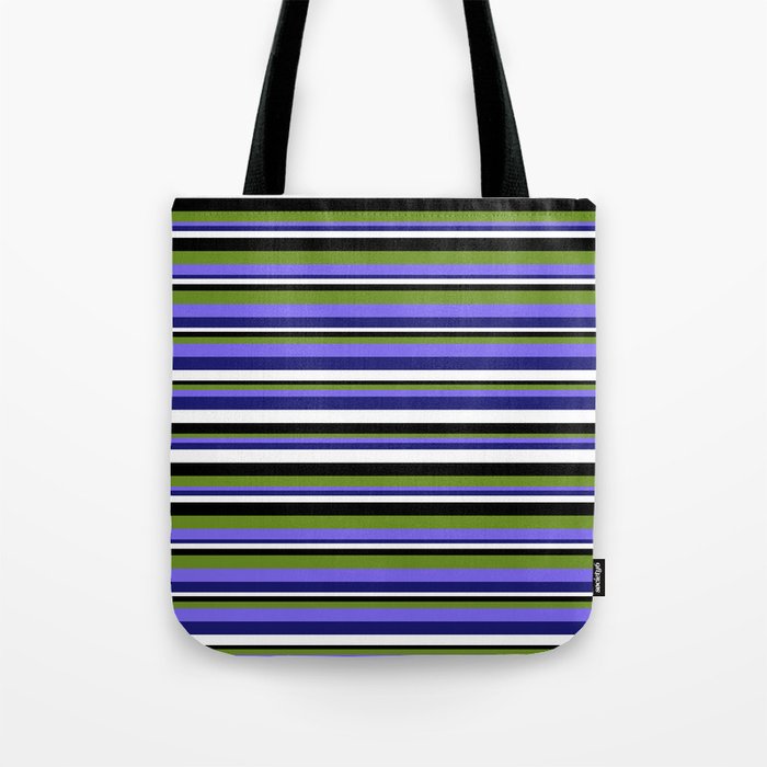 Eye-catching Black, Green, Medium Slate Blue, Midnight Blue, and White Colored Stripes/Lines Pattern Tote Bag