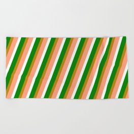 [ Thumbnail: Dark Goldenrod, Light Salmon, Mint Cream, and Green Colored Pattern of Stripes Beach Towel ]
