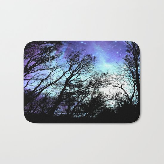 black trees periwinkle blue aqua space Bath Mat