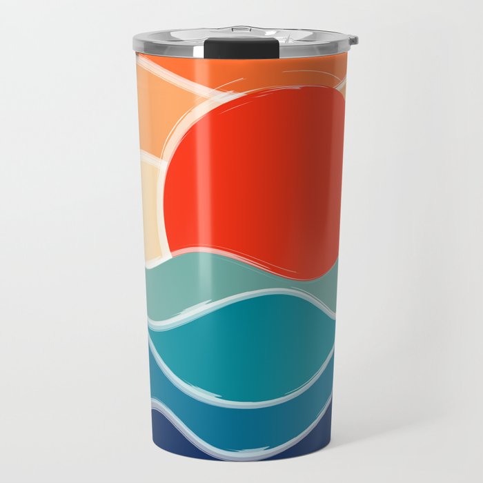Retro 70s and 80s Color Palette Mid-Century Minimalist Nature Waves and Sun Abstract Art Travel Mug