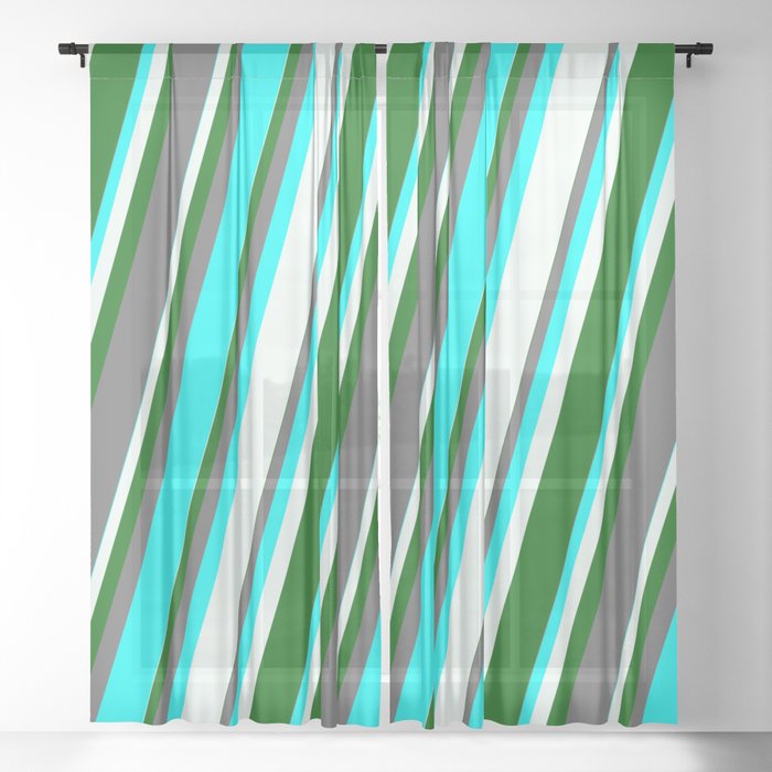 Dim Grey, Cyan, Mint Cream & Dark Green Colored Stripes Pattern Sheer Curtain
