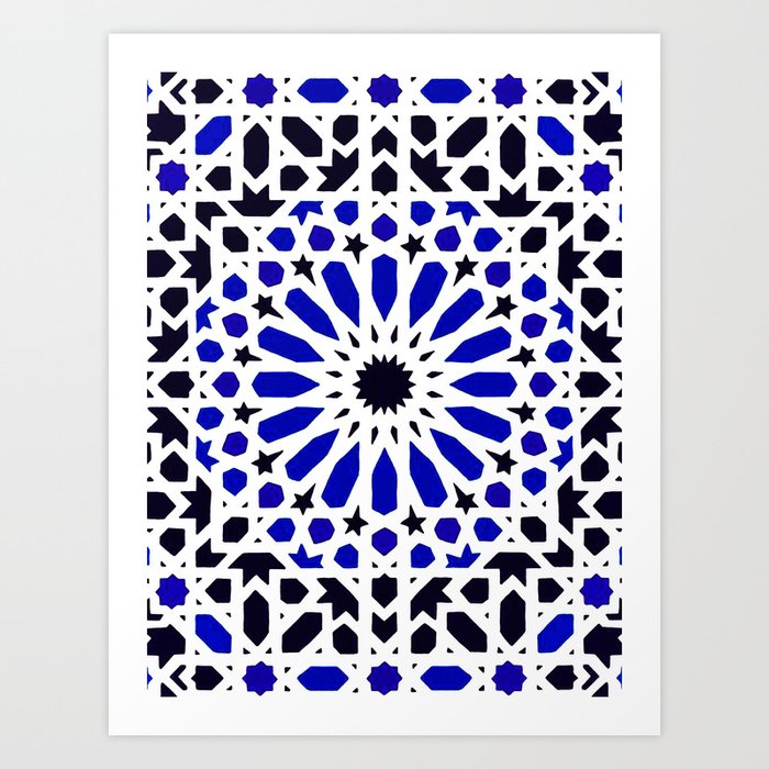 Geometric Blue Traditional Andalusian Moroccan Zellige Tiles Style Art Print
