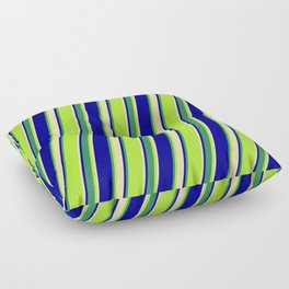 [ Thumbnail: Light Green, Tan, Dark Blue & Sea Green Colored Striped Pattern Floor Pillow ]