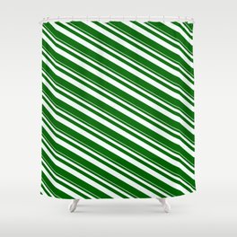 [ Thumbnail: Mint Cream & Dark Green Colored Lined Pattern Shower Curtain ]