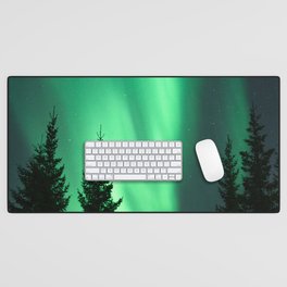Northern Lights in the Woods Photo | Aurora Borealis in Norway Nature Art Print | Colorful Night Travel Photography Desk Mat