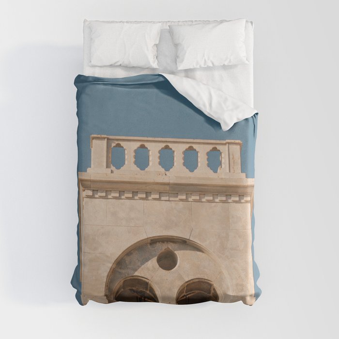Vintage Summer Vibe Poster | Greek Chapel Tower on the Soft Blue Sky | Travel & Ambiance Photography in Greece, Europe Duvet Cover