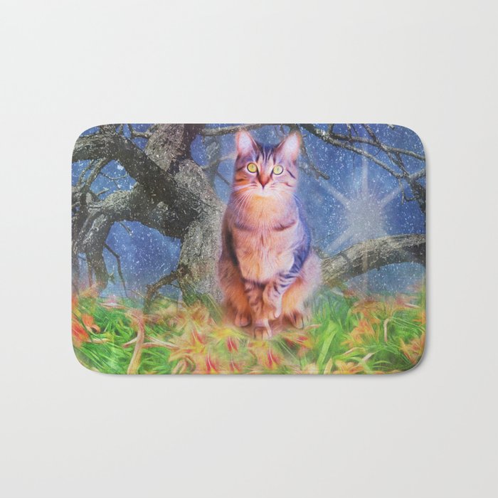 Cat In Tree With Tiger Lilies Bath Mat