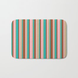 [ Thumbnail: Sienna, Light Sea Green, Tan & Light Pink Colored Stripes Pattern Bath Mat ]