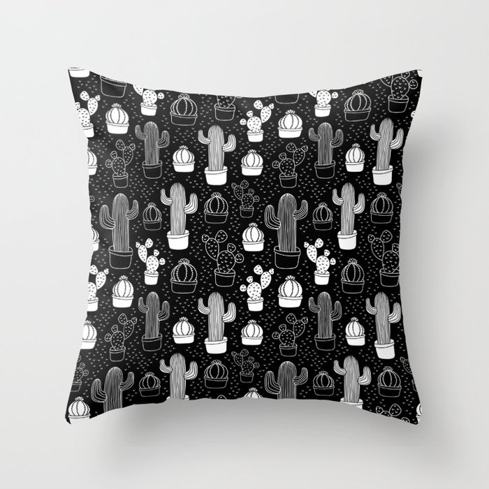 Black & White Cactus Doodle Pattern Throw Pillow