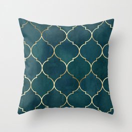 Emerald Golden Moroccan Quatrefoil Pattern II Throw Pillow