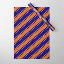 [ Thumbnail: Chocolate and Blue Colored Stripes/Lines Pattern Wrapping Paper ]