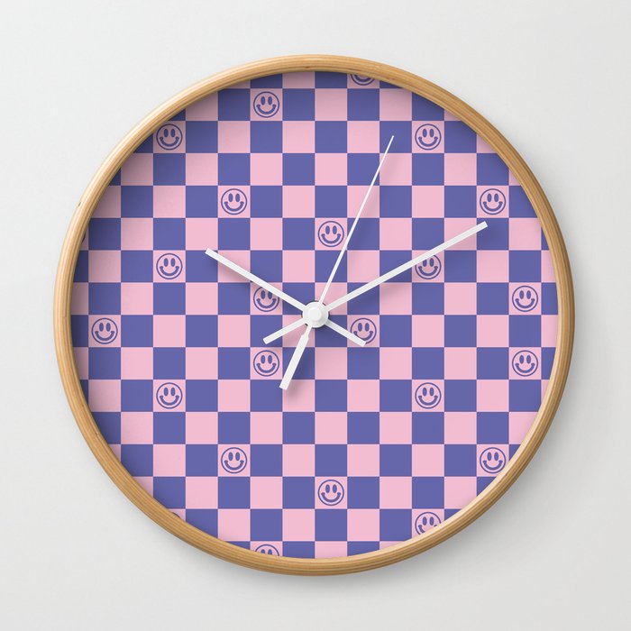 Smileys and Checkerboard (Very Peri And Pink Color Palette) Wall Clock