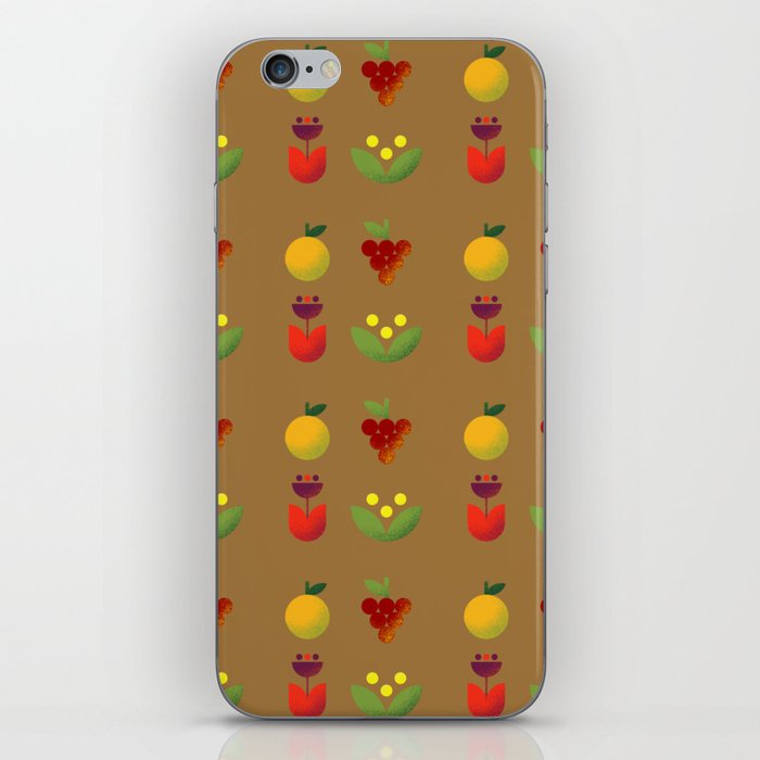 Simple modern flower and fruit pattern on brown background iPhone Skin
