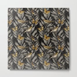 Gold & Gray Birds & Butterflies Metal Print