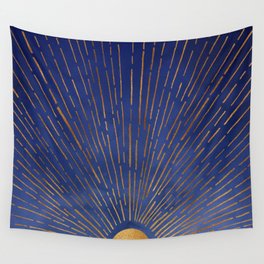Twilight Blue and Metallic Gold Sunrise Wall Tapestry