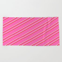[ Thumbnail: Hot Pink, Mint Cream & Red Colored Lines/Stripes Pattern Beach Towel ]