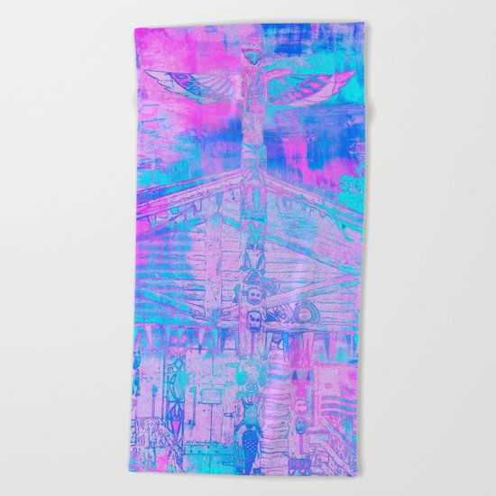 Totem Cabin Abstract - Hot Pink & Turquoise Beach Towel