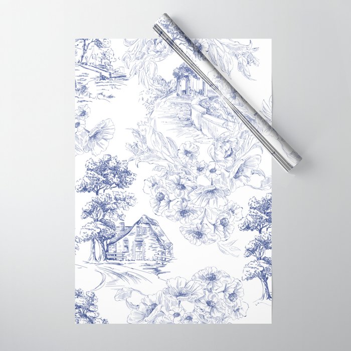 Vintage Blue and White Floral Pattern Wrapping Paper