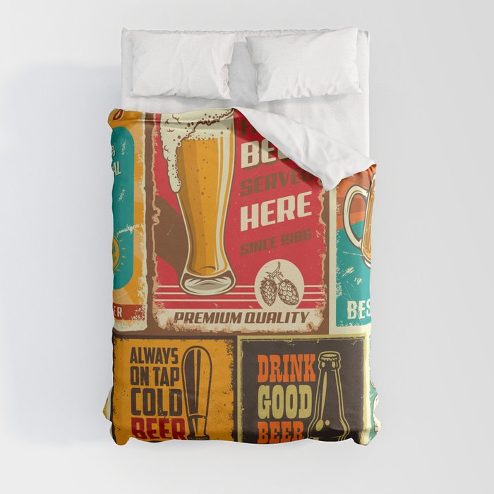 Set of beer poster in vintage style with grunge textures and beer objects Duvet Cover