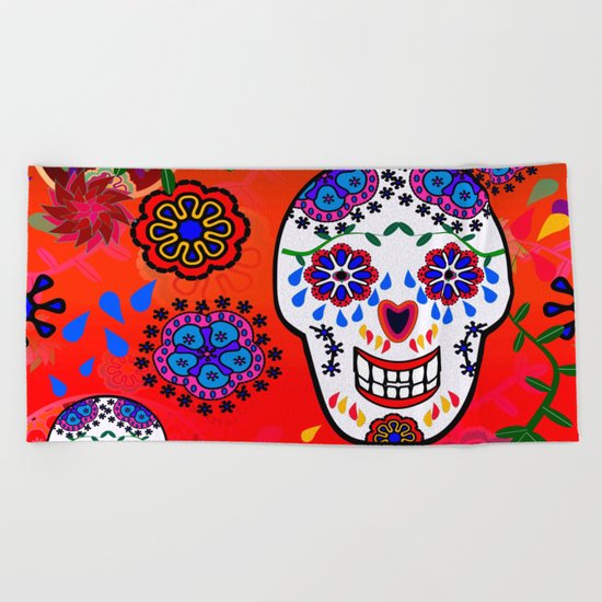Sugar Skulls in Red (Calavera) Beach Towel