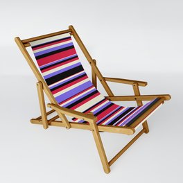 [ Thumbnail: Beige, Medium Slate Blue, Black, and Crimson Colored Pattern of Stripes Sling Chair ]