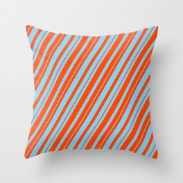 [ Thumbnail: Sky Blue and Red Colored Lined Pattern Throw Pillow ]