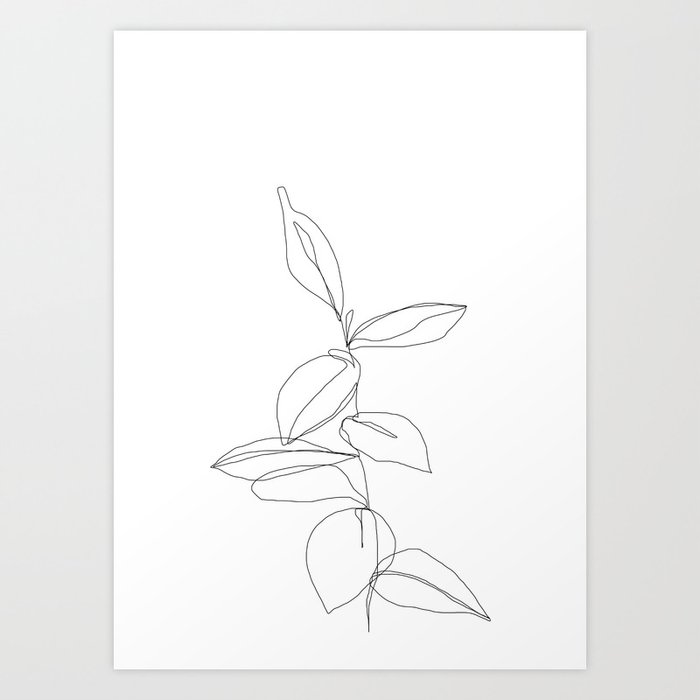 One line minimal plant leaves drawing - Berry Art Print