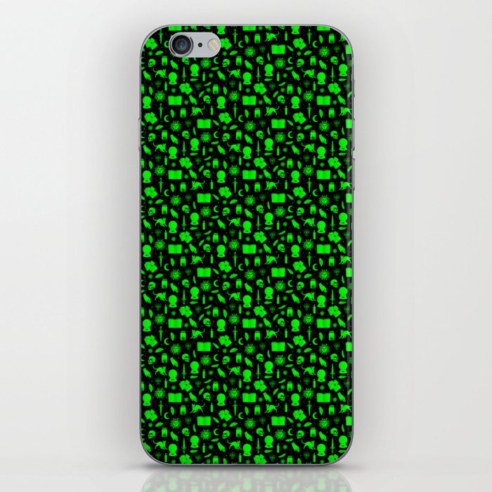Small Bright Dayglo Green Halloween Motifs Skulls, Spells & Cats on Spooky Black  iPhone Skin
