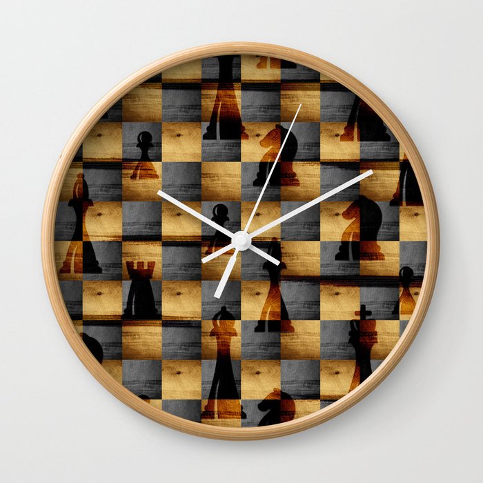 Wooden Chessboard And Chess Pieces Pattern Wall Clock By K9printart Wooden Chessboard And Chess Pieces Pattern Wall Clock By K9printart Society6