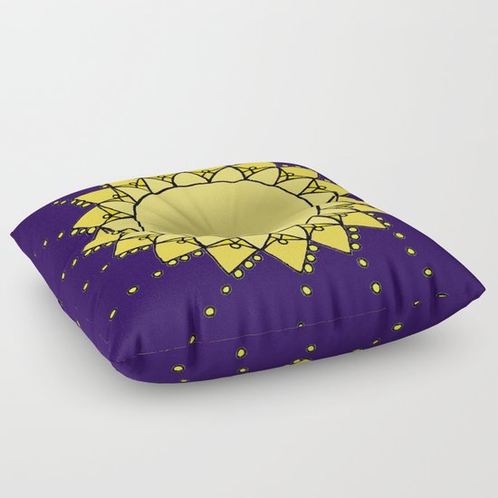 Celestial Swirling Sun Boho Mandala Hand-drawn Illustration Floor Pillow
