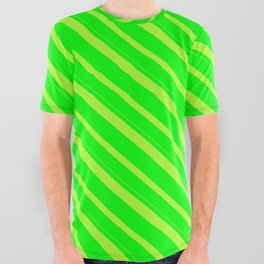 [ Thumbnail: Lime and Light Green Colored Lines/Stripes Pattern All Over Graphic Tee ]