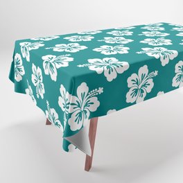 Teal and White Hibiscus Pattern Tablecloth