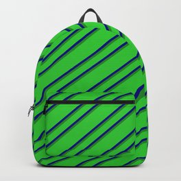[ Thumbnail: Lime Green, Blue, and Forest Green Colored Lined Pattern Backpack ]