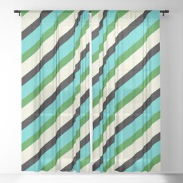 [ Thumbnail: Turquoise, Forest Green, Beige, and Black Colored Lines/Stripes Pattern Sheer Curtain ]