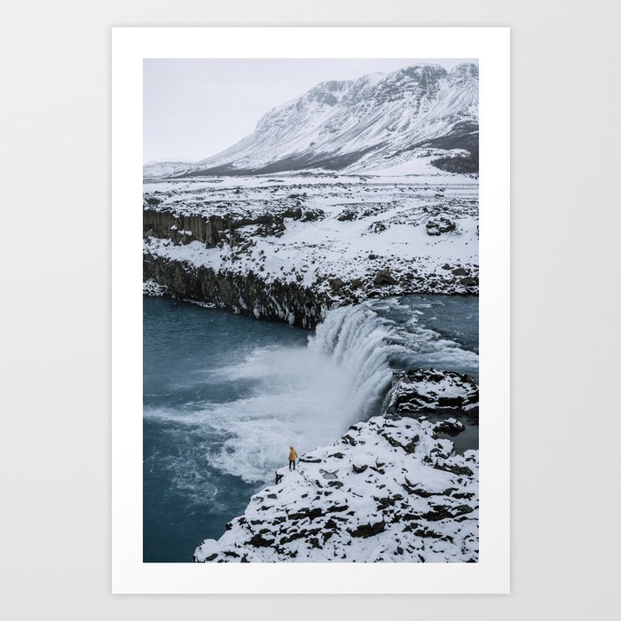 Waterfall in Icelandic highlands during winter with mountain - Landscape Photography Art Print