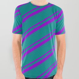 [ Thumbnail: Dark Cyan & Dark Violet Colored Lines/Stripes Pattern All Over Graphic Tee ]