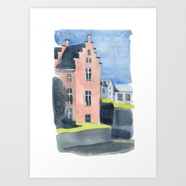 Watercolor pink house on the street of Brussels. Art Print