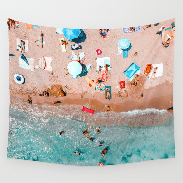 Beach Umbrellas Print, Ocean Sea Beach People Print, Aerial Beach Summer Art Print, Aerial Photography, Summer Vibes Coastal Art Wall Tapestry